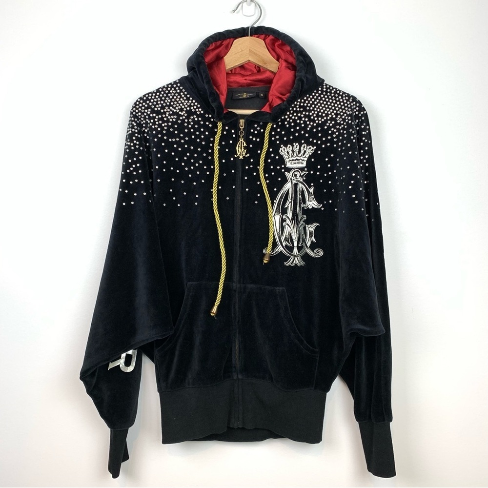 Christian Audigier Zip Up Hoodie Y2K Velvet Batwing Sz Small Bedazzled Vtg Black